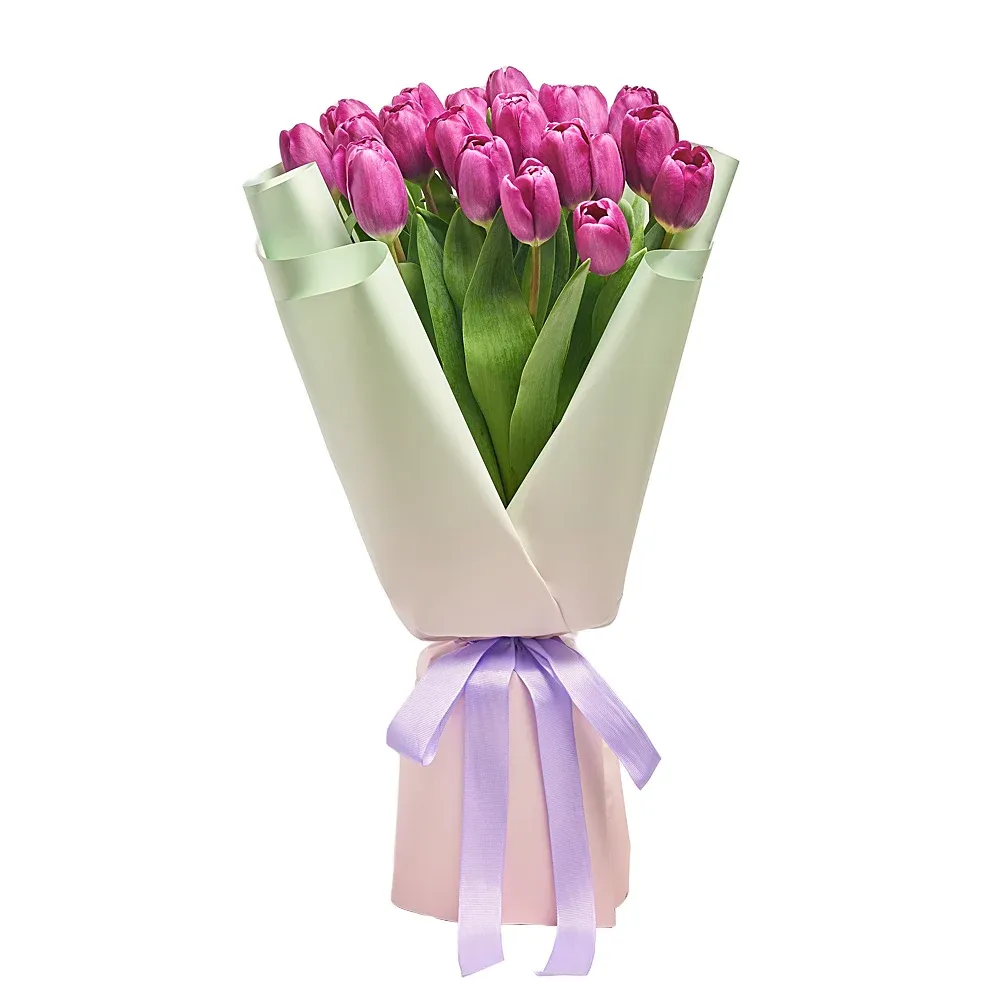 25 фиолетовых тюльпанов
